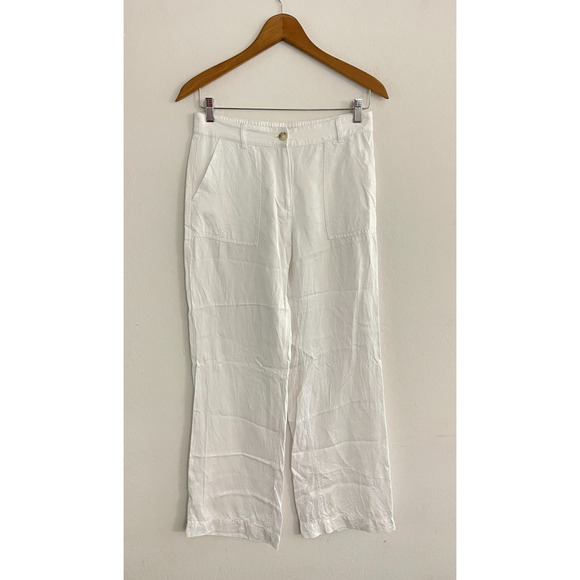 Olsen sz 8 Linen Pants White Wide Leg High Rise Carpenter Pockets Resort Beach - Picture 2 of 9